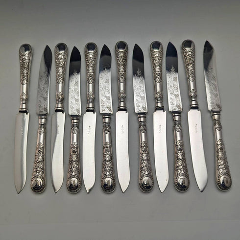 Late Victorian British antique silver plate dessert cutlery 12 pair set in wooden box